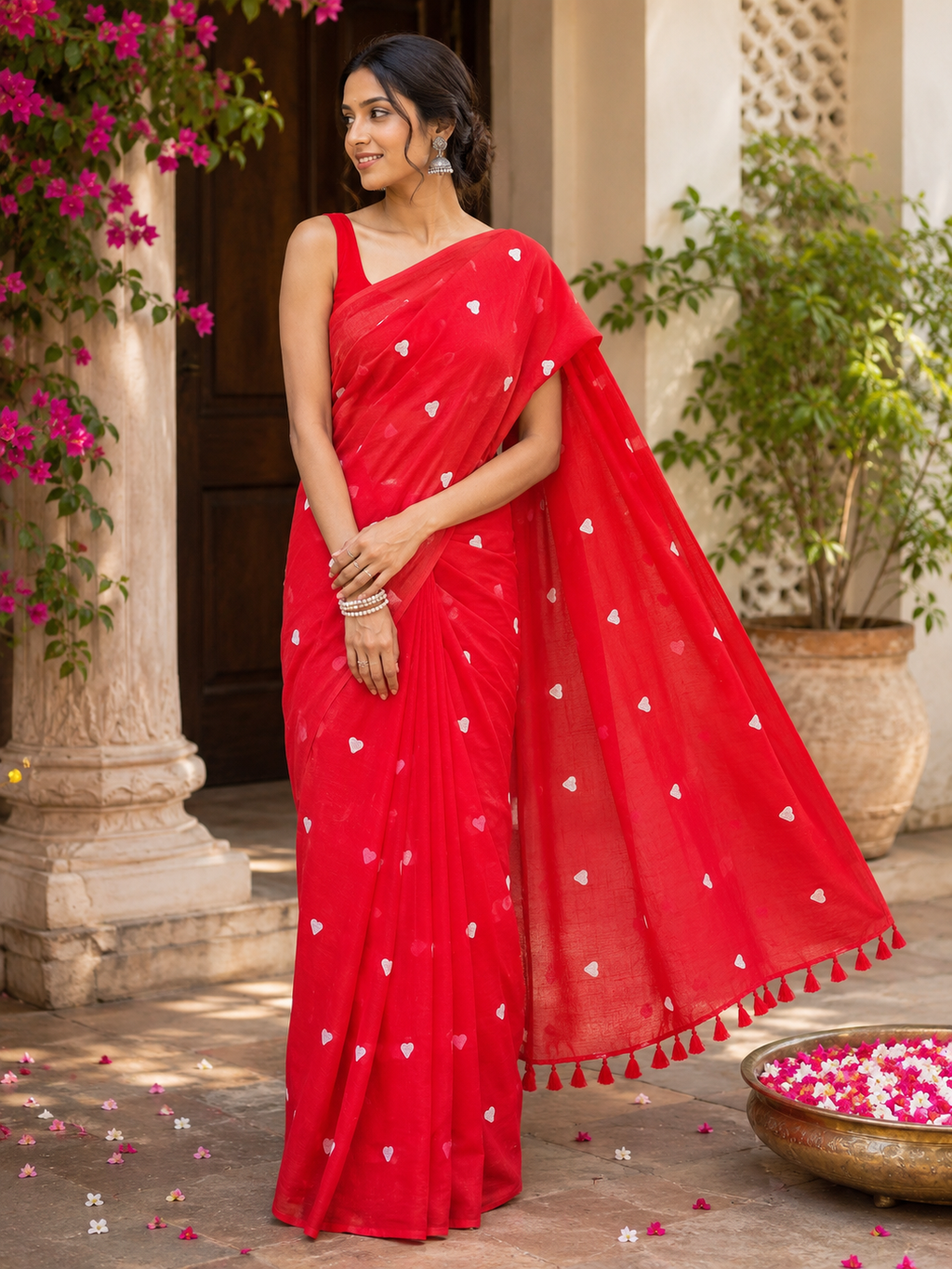 Red Heart Embroidered Mulmul Saree