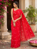 Red Heart Embroidered Mulmul Saree
