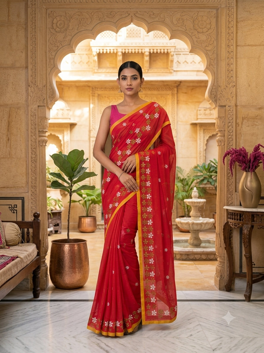 Red Soft Cotton Embroidery Saree
