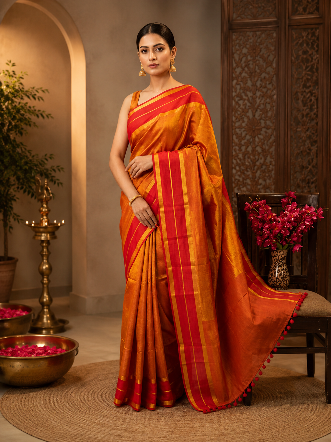 Golden Red Sarara Tissue Saree