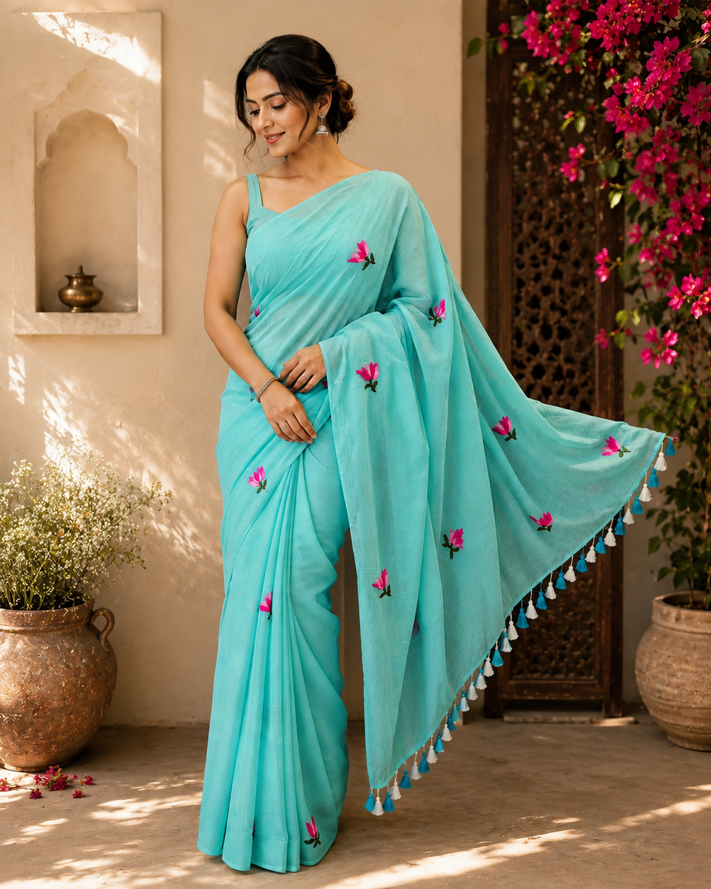 Sky Blue Lotus Mulmul Saree