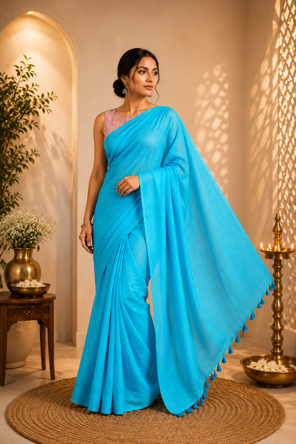 Sky Blue Plain Mulmul Saree