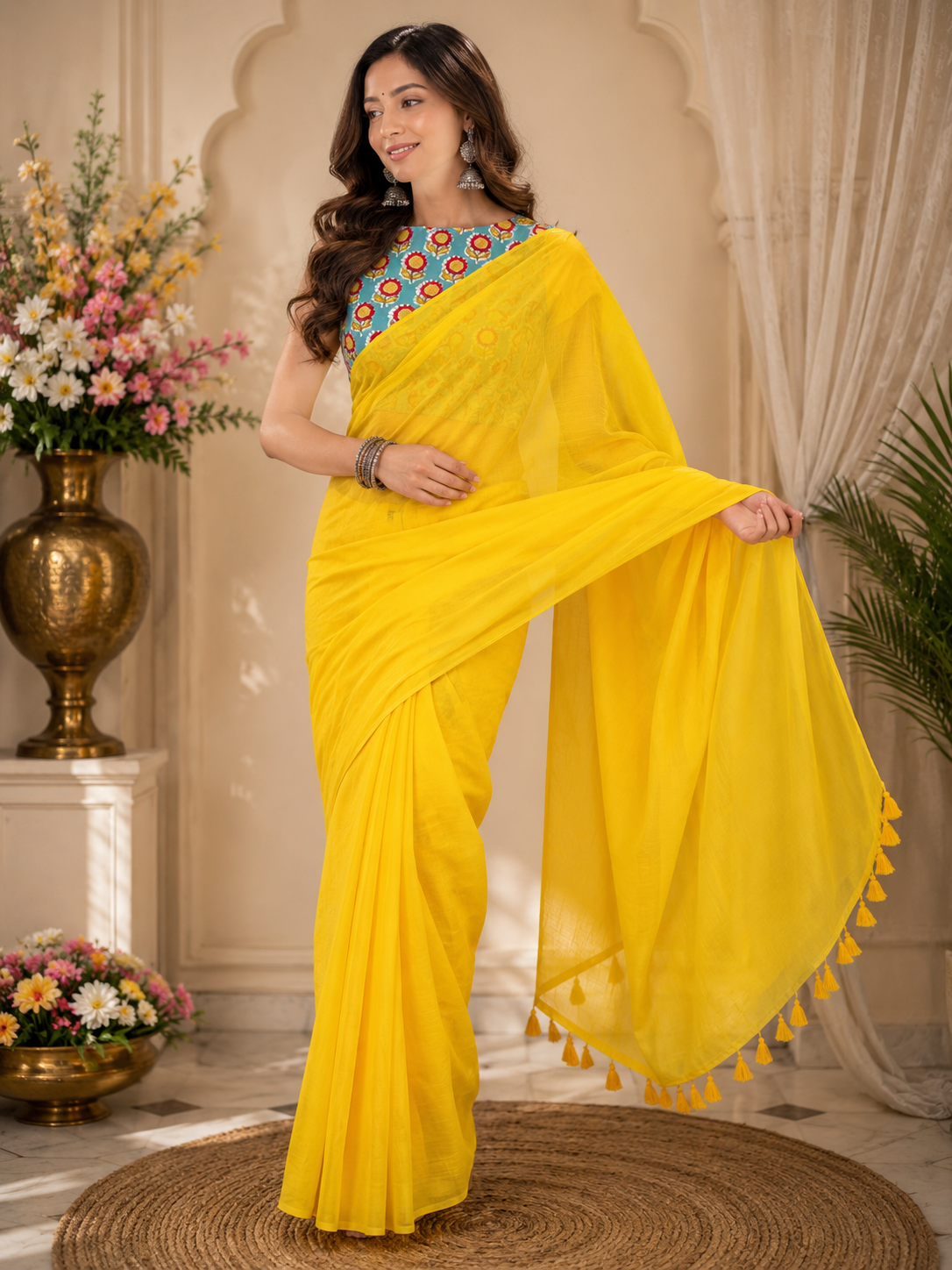 Mango Yellow Plain Mulmul Saree