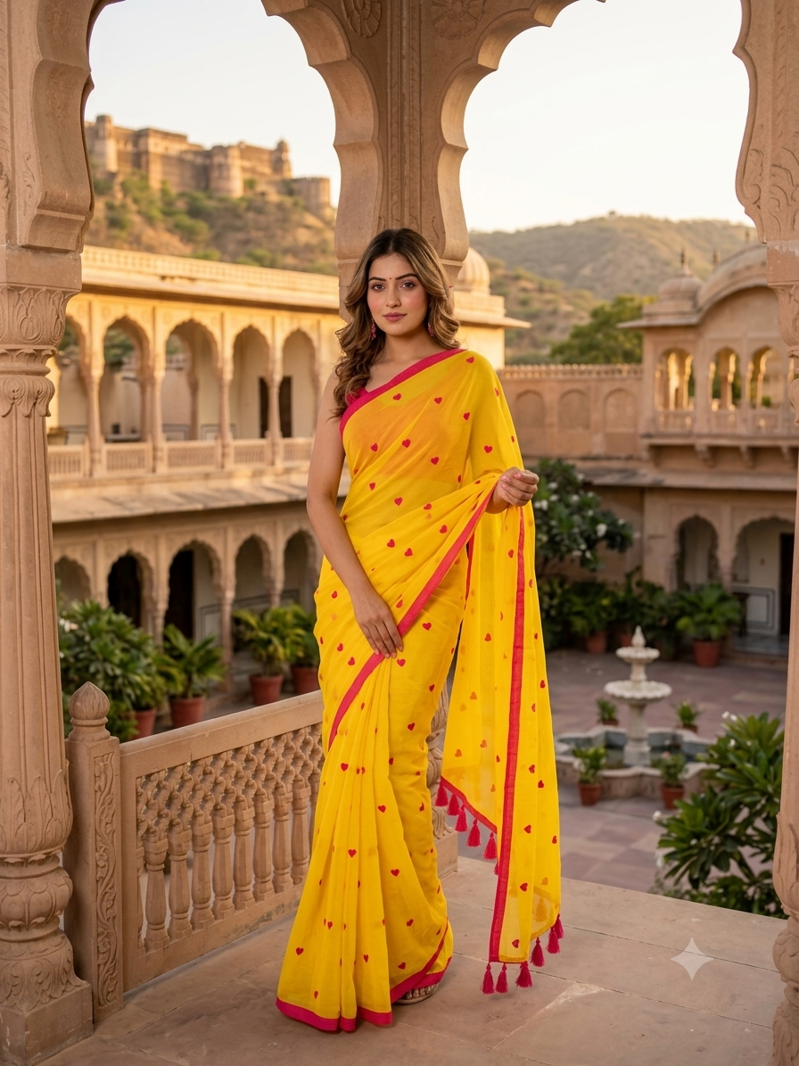 Mango Yellow Heart Embroidered Mulmul Saree