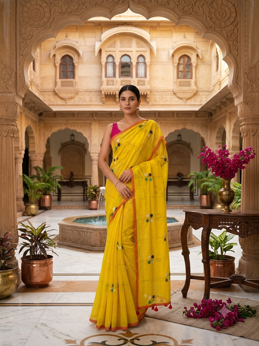 Yellow Soft Cotton Embroidery Saree