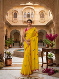 Yellow Soft Cotton Embroidery Saree