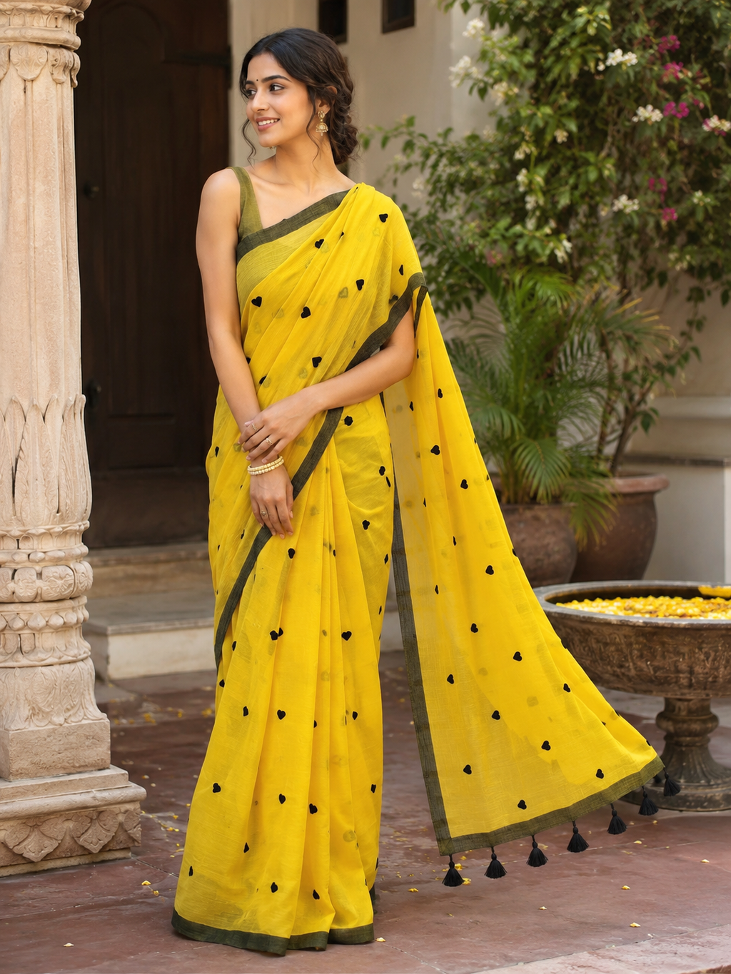 Yellow Heart Embroidered Mulmul Saree