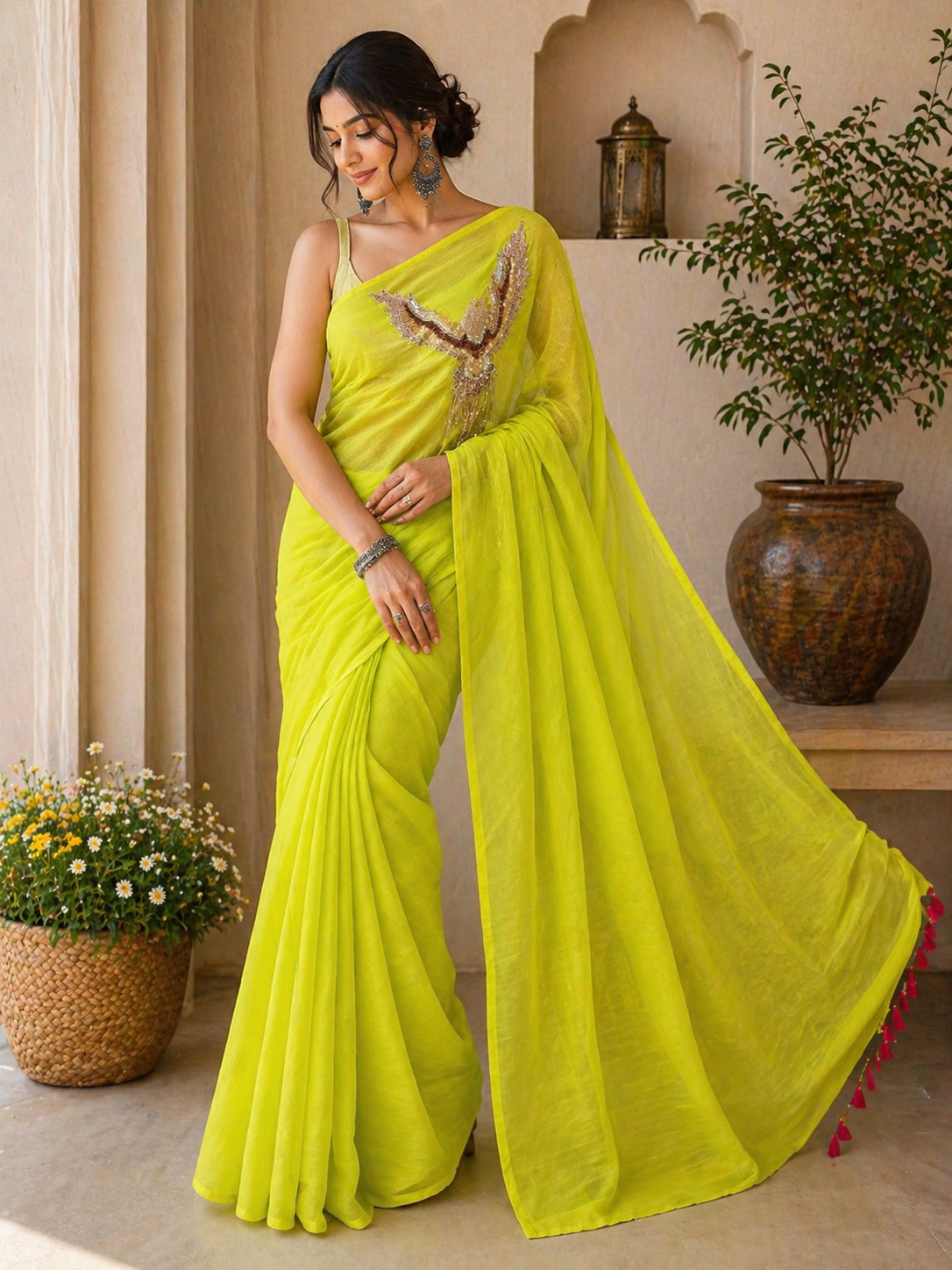 Neon Green Eagle Mulmul Saree