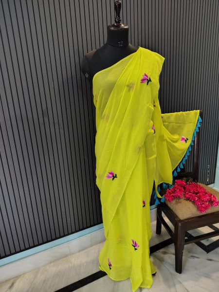 Neon Green Lotus Mulmul Saree