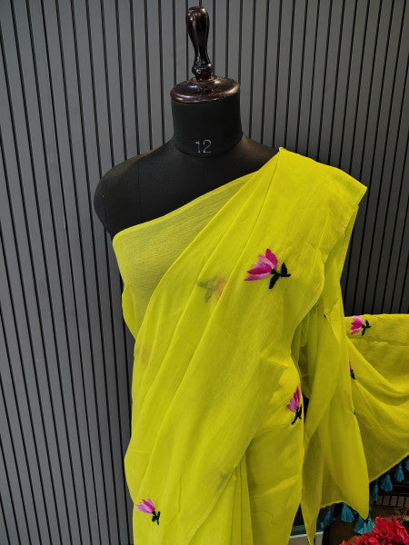 Neon Green Lotus Mulmul Saree