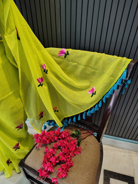 Neon Green Lotus Mulmul Saree