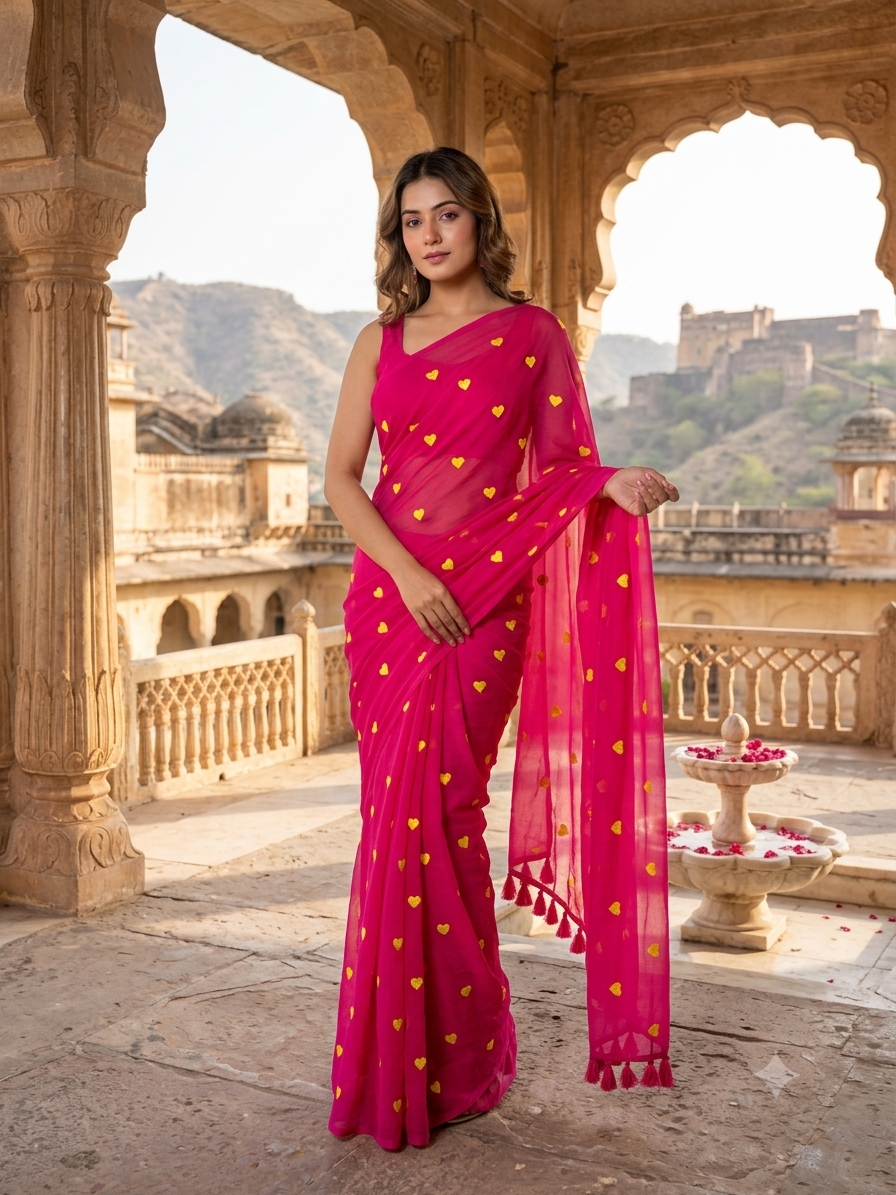 Magenta Heart Embroidered Mulmul Saree